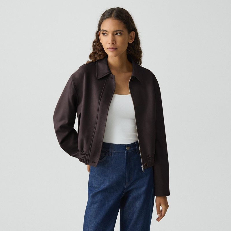 Cropped Track Jacket in Wool-Blend Flannel