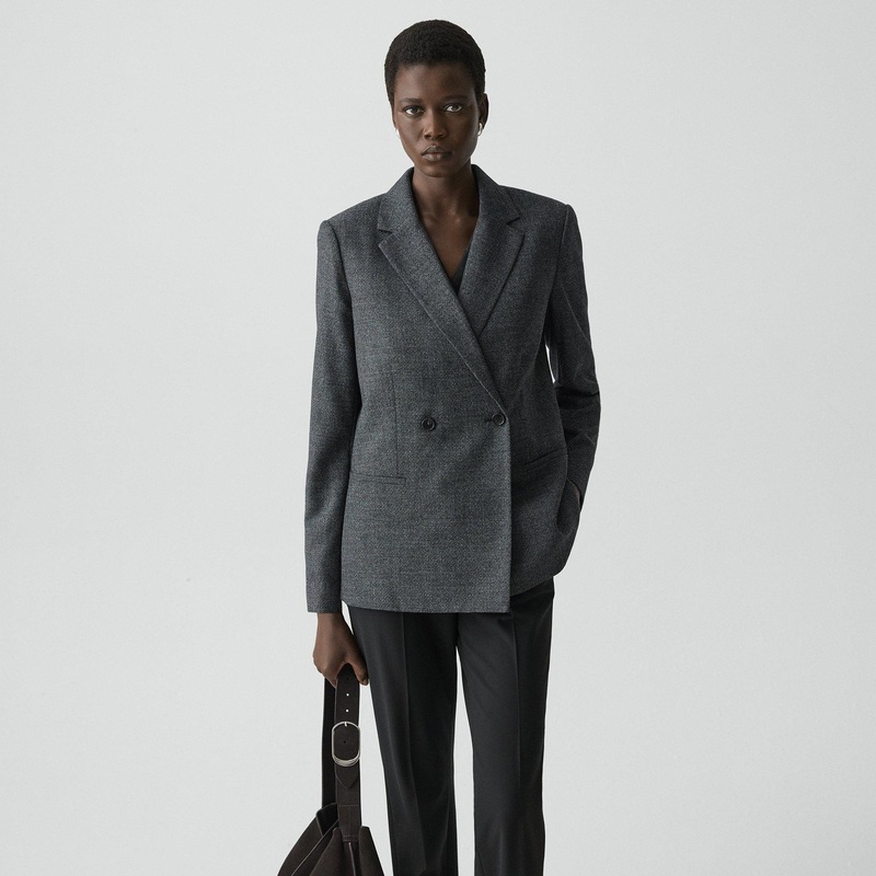 Relaxed Double-Breasted Blazer in Marled Flannel