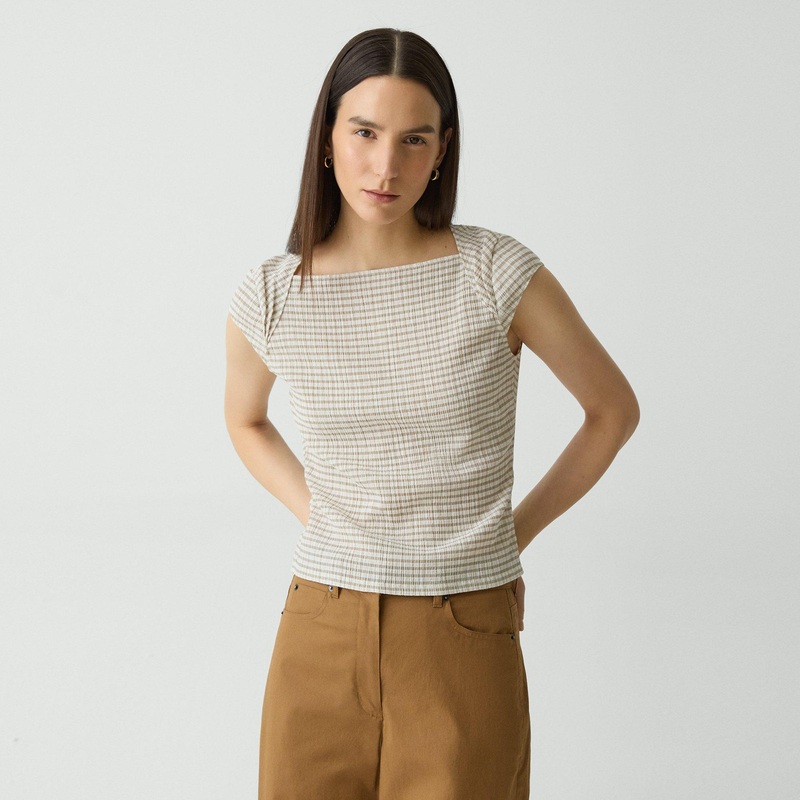 Cap Sleeve Top in Crinkle Check