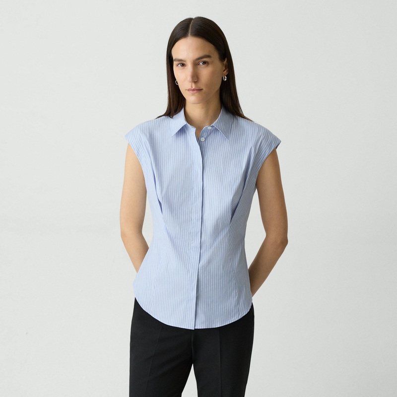 Cinched Cap-Sleeve Shirt in Striped Cotton-Blend