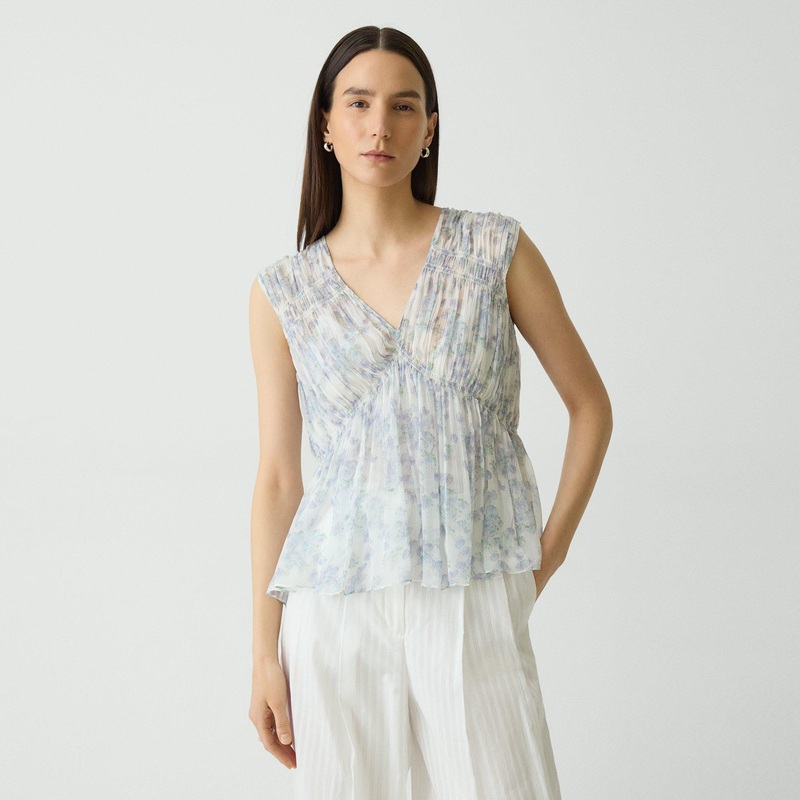 Ruched Sleeveless Top in Floral Silk