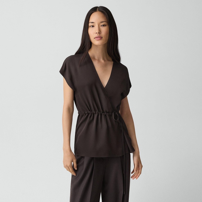 Short-Sleeve Wrap Top in Silk Georgette