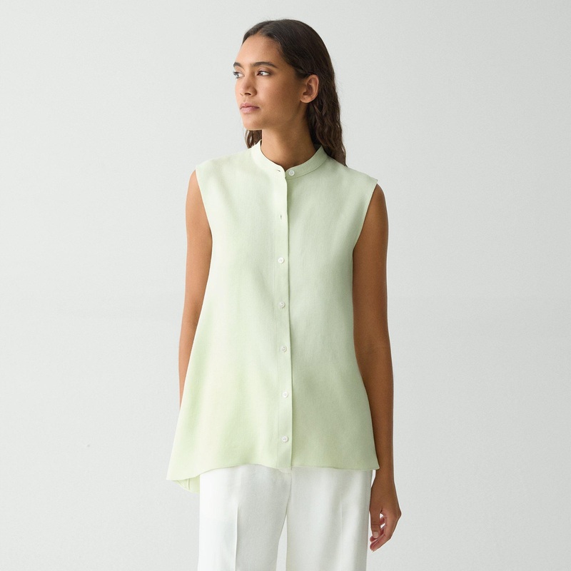 Sleeveless Asymmetrical Shirt in Linen-Viscose