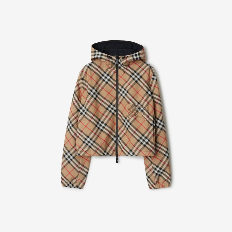 Cropped Reversible Check Hooded Jacket