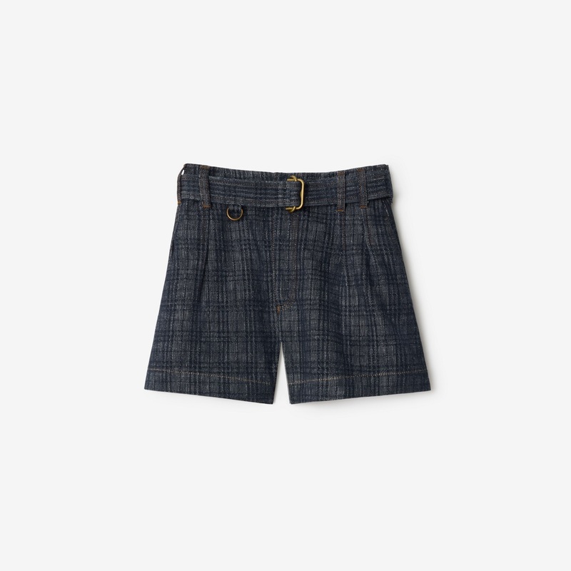 Belted Check Denim Shorts