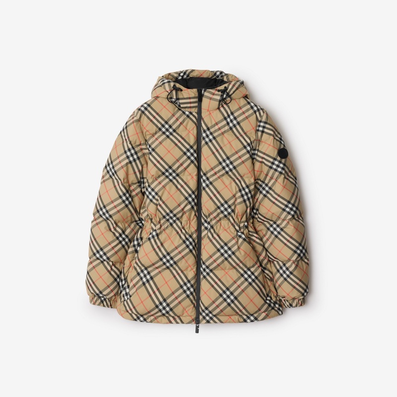 Check Nylon Hooded Puffer Jacket