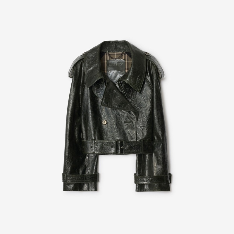 Cropped Embossed Leather Trench Jacket
