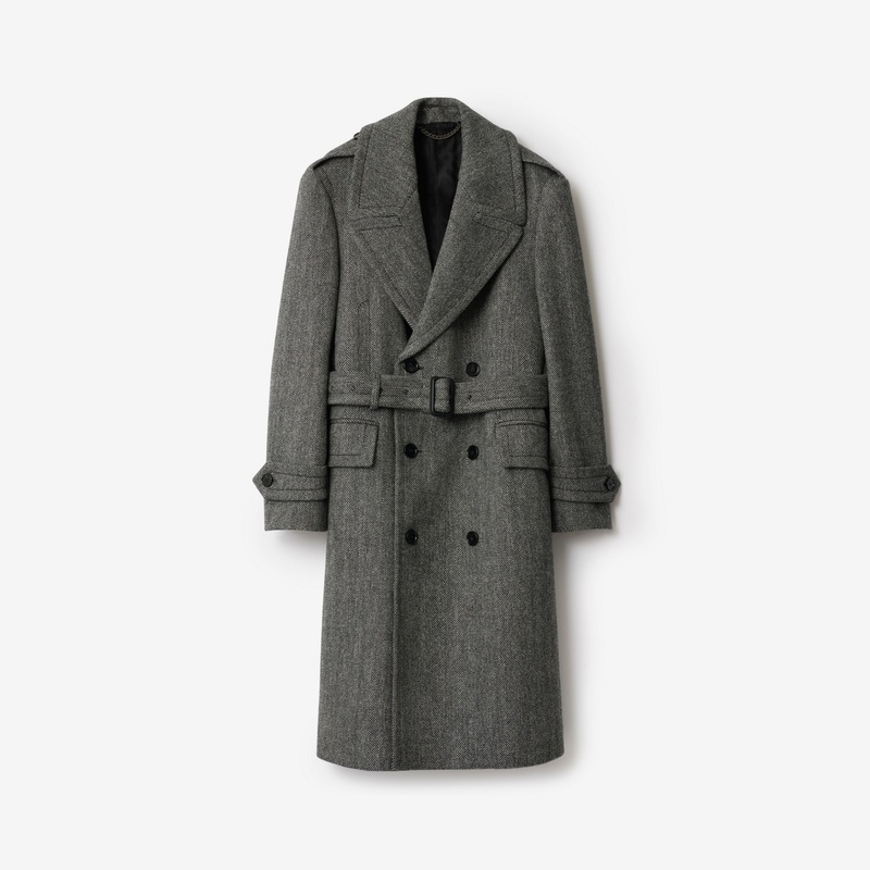Long Herringbone Wool Trench Coat