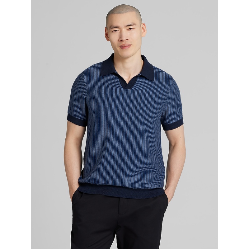 Vertical Stripe Johnny Collar Short Sleeve Polo Sweater