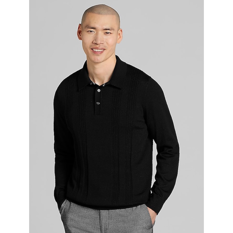 Merino Wool Stitch Panel Polo Sweater