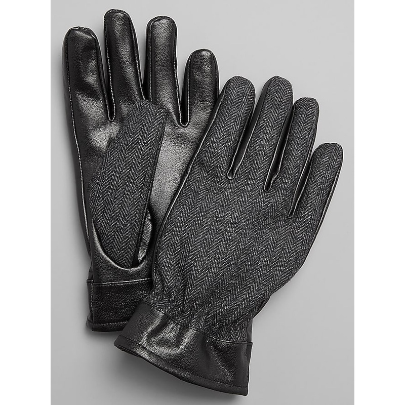 Herringbone & Faux Leather Gloves