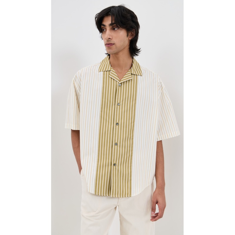 AMI Striped Boxy Fit Camp Collar Shirt