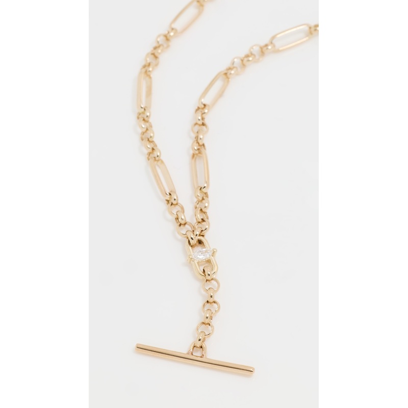 Zoe Chicco 14k Gold Medium Mixed Paperclip Rolo Chain Faux Toggle Lariat Necklace with Marquise Set Diamond