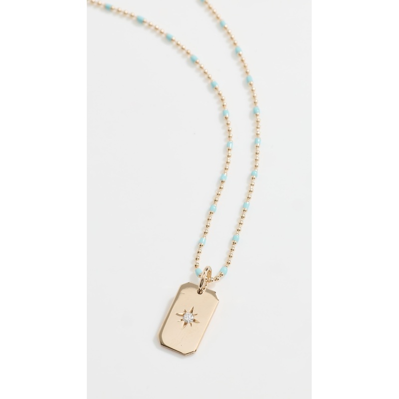 Zoe Chicco 14k Gold Star Set Diamond Small Flat Corner Dog Tag on Turquoise Blue Enamel Bar and Bead Chain Necklace