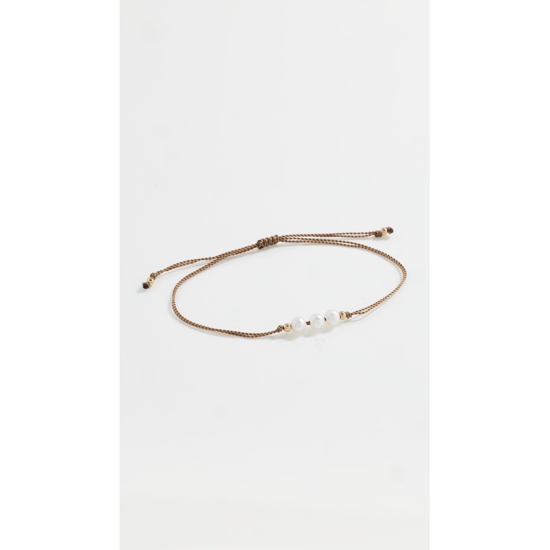 Zoe Chicco 14k Gold Beads with 3 Pearls on Taupe Cord Bracelet