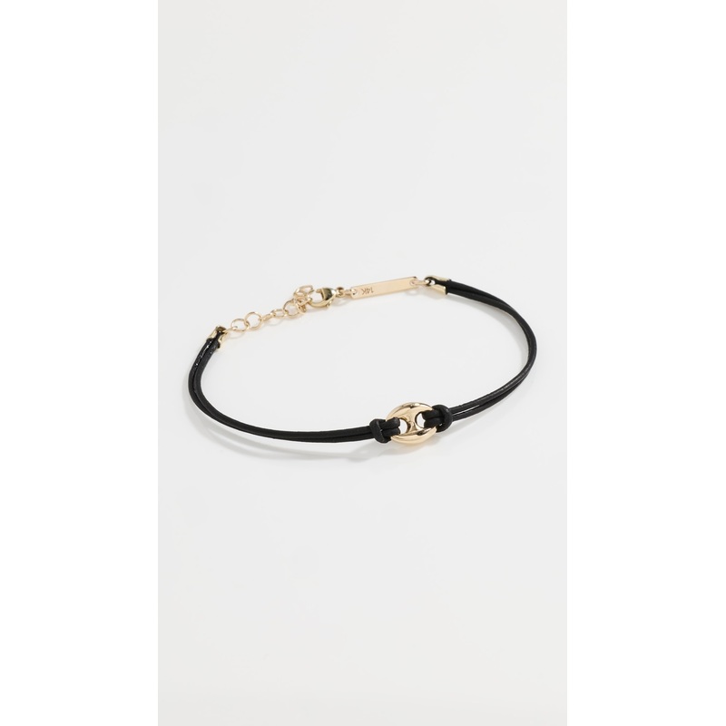 Zoe Chicco 14k Gold Single Large Puffed Mariner Link Black Leather Bracelet