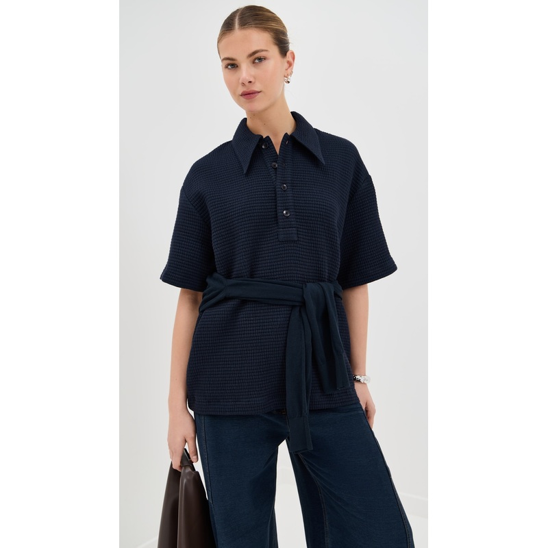 Tibi Quilted Waffle Polo Tunic Top
