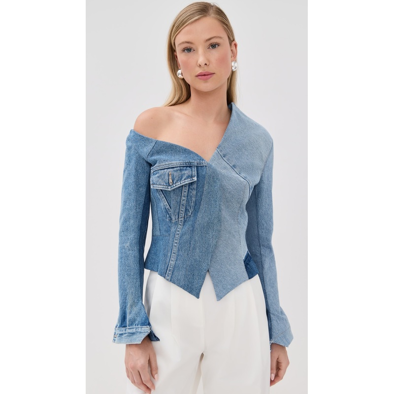 A.W.A.K.E. MODE Upcycled Denim Off Shoulder Jacket