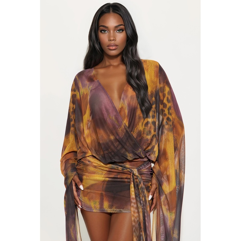 Golden Hour Mesh Animal Print Mini Dress – Brown Combo