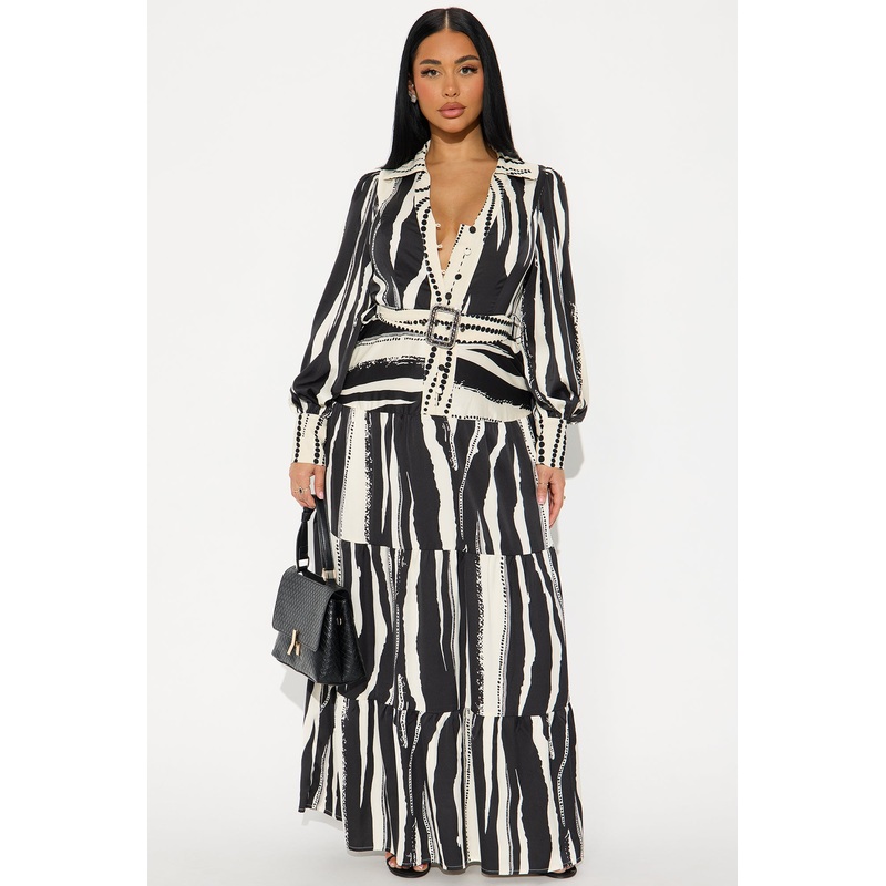 Jasline Striped Maxi Shirt Dress – Black/White