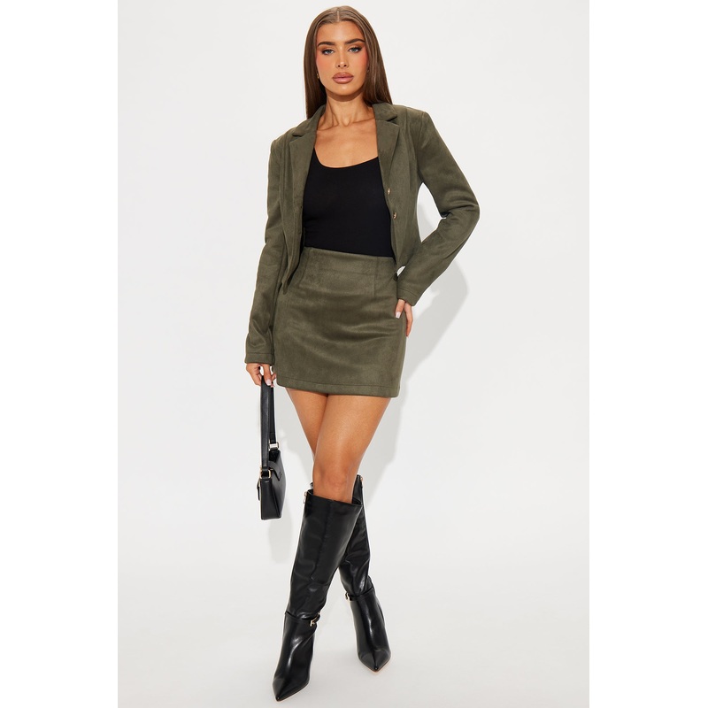 Lizbeth Faux Suede Blazer Skirt Set – Olive