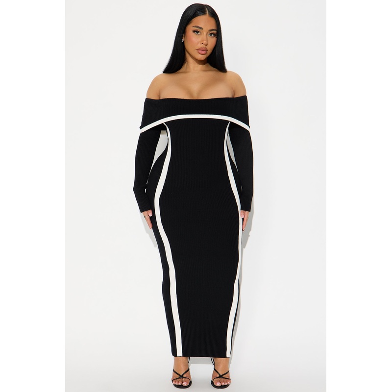 Monique Off Shoulder Sweater Maxi Dress – Black/White