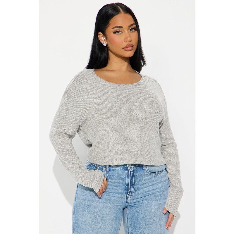 Odette Crew Neck Hacci Long Sleeve Top – Heather Grey