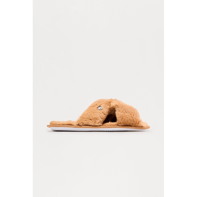 Piper Rhinestone Faux Fur Slippers – Camel