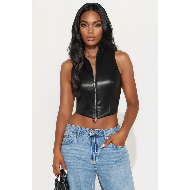 Touch Of Danger Front Zip Faux Leather Mock Neck Top – Black