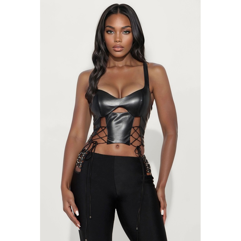 Wilma Faux Leather Corset Top – Black