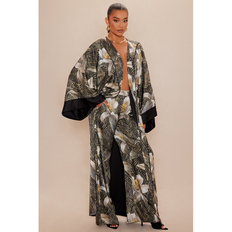 Alia Satin Wide Leg Pant – Green/combo