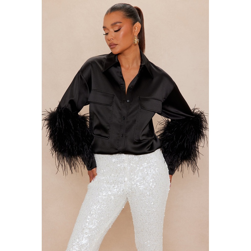 Anna Satin Feather Shirt – Black