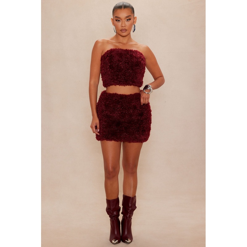 Arden Sherpa Fur Mini Skirt Set – Burgundy