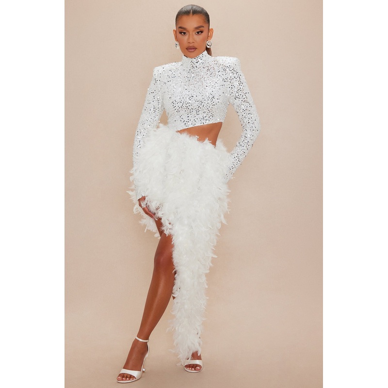 Blaire Asymmetrical Feather Sequin Micro Mini Dress – White