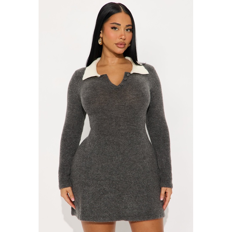 Chantal Long Sleeve Sweater Mini Dress – Charcoal