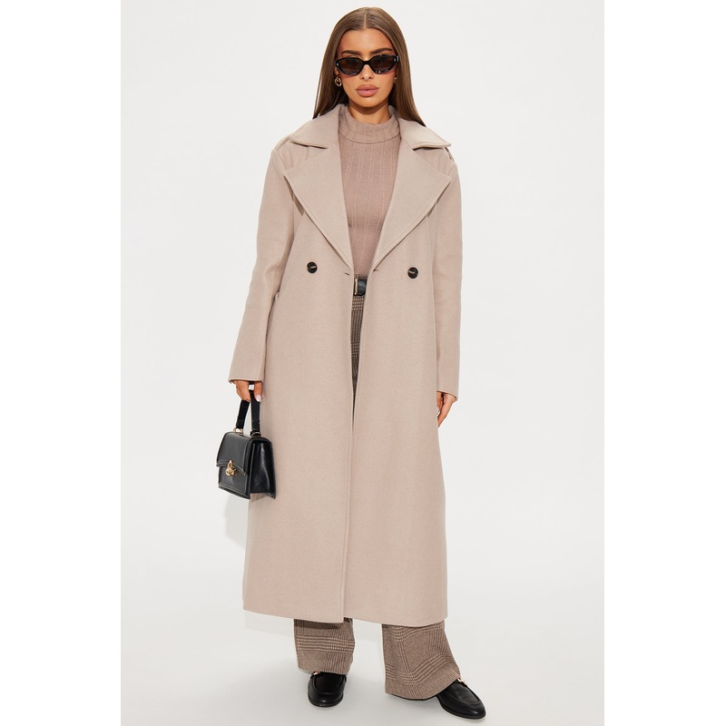 Clocked Out Double Breasted Long Coat – Taupe