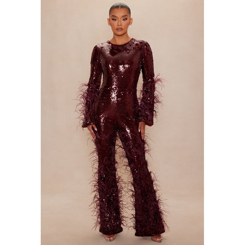 Disco Nights Sequin Jumpsuit – Burgundy