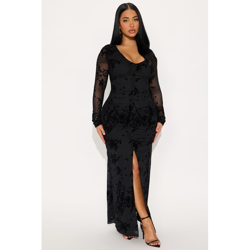 Donna Flocked Maxi Dress – Black