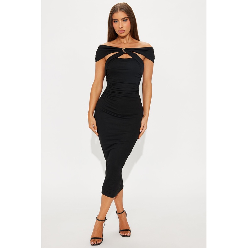 Endless Possibilities Ruched Off Shoulder Midi Dress – Black
