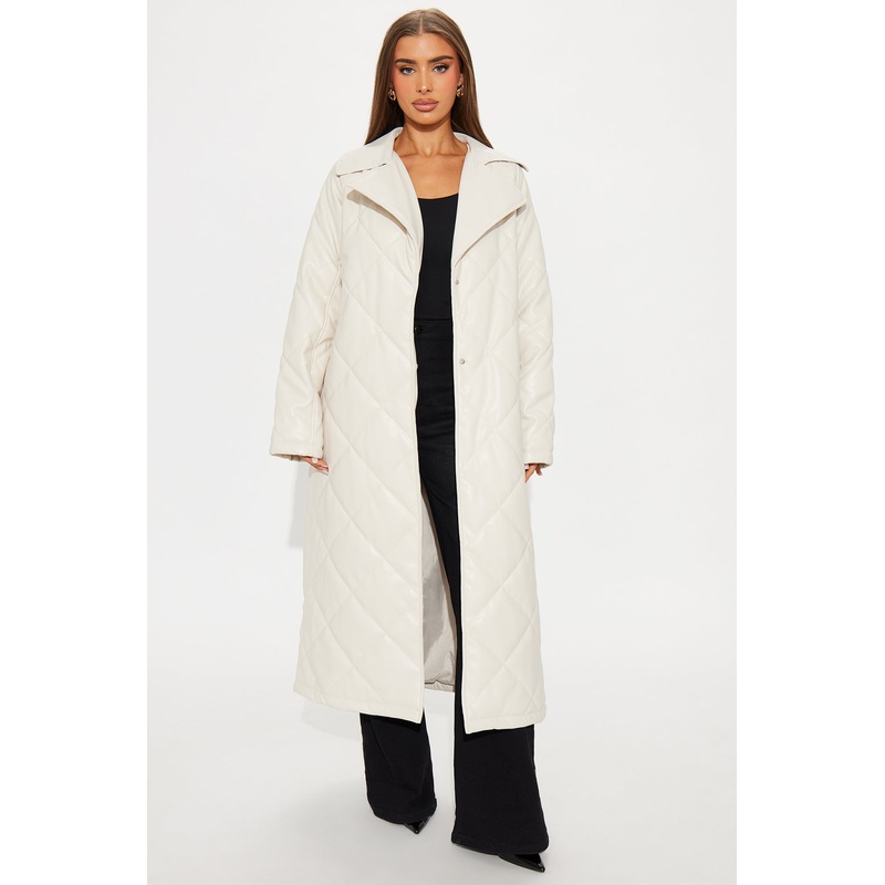 Fabiola Quilted Faux Leather Trench Coat – Stone