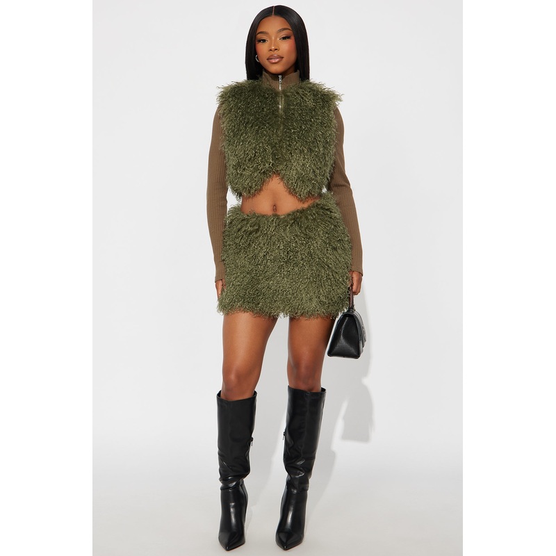 Fur Fierce Faux Fur Cardigan Skirt Set – Olive