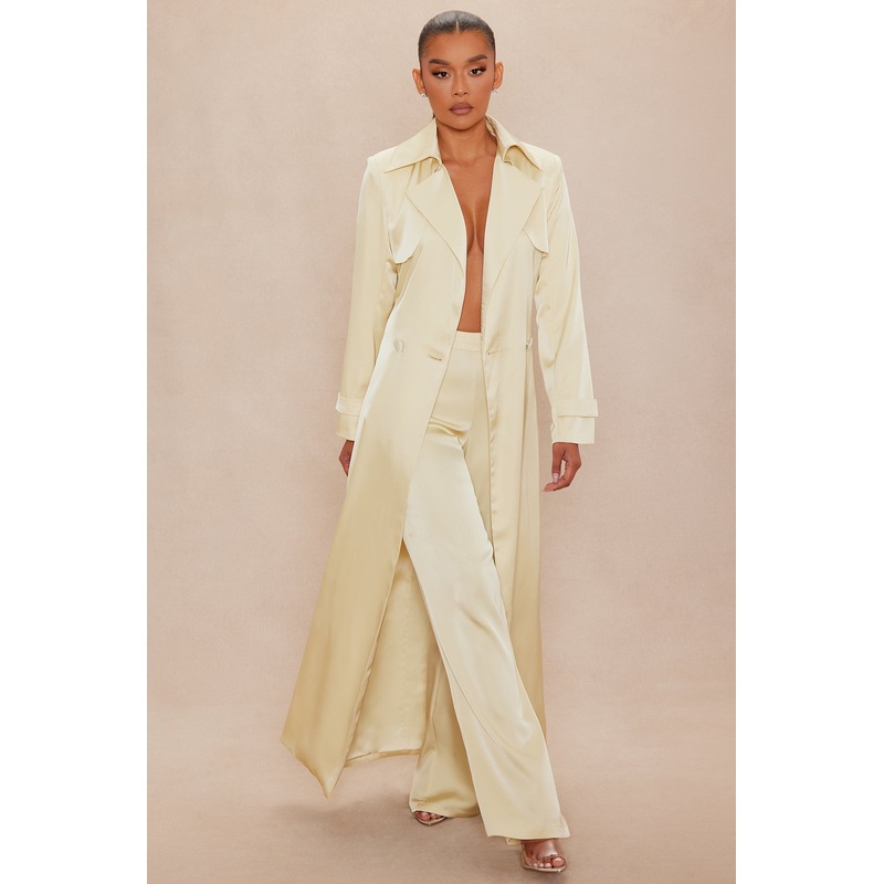 Gabriella Satin Trench Coat And Pant Set – Butter Yellow