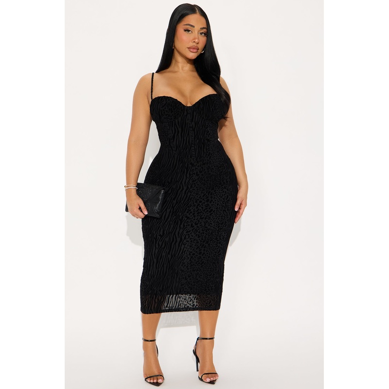 Gianna Flocked Mesh Midi Dress – Black