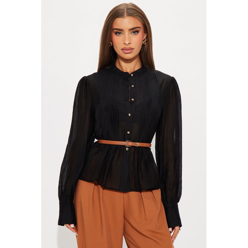 Helena Pleated Belted Shirt – Black