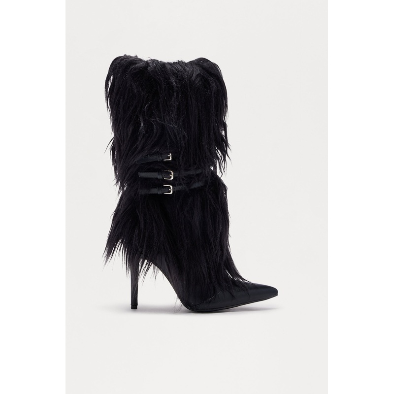 Lambo Faux Fur Knee High Boots – Black