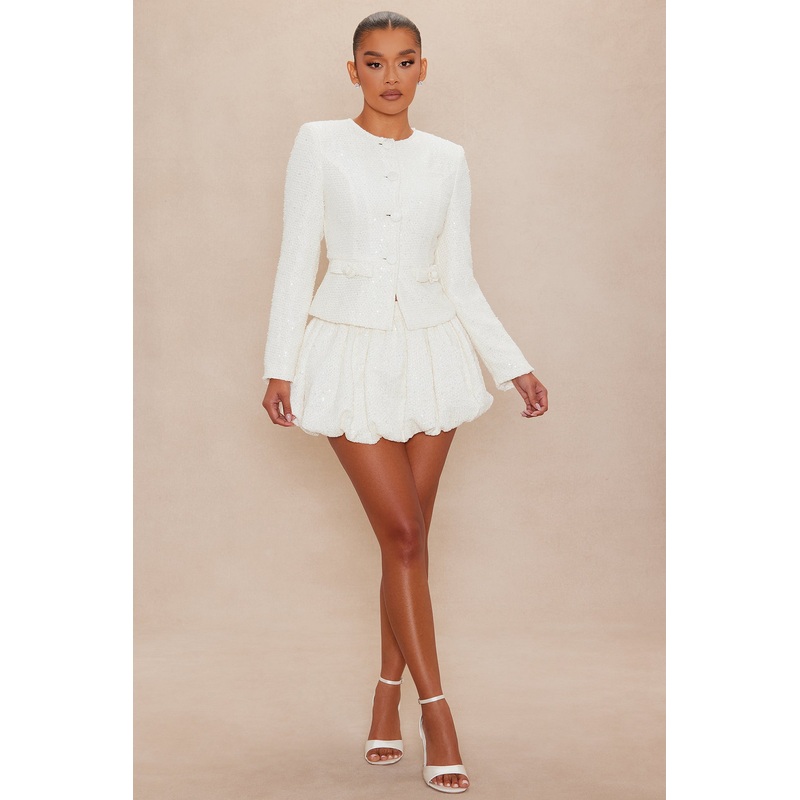 Monica Embellished Tweed Skirt Set – Cream