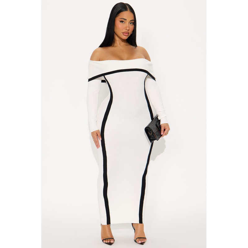 Monique Off Shoulder Sweater Maxi Dress – White/Black