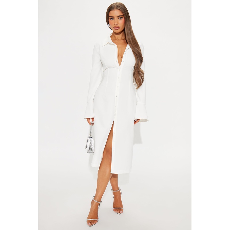 She Means Business Shirt Midi Dress – White