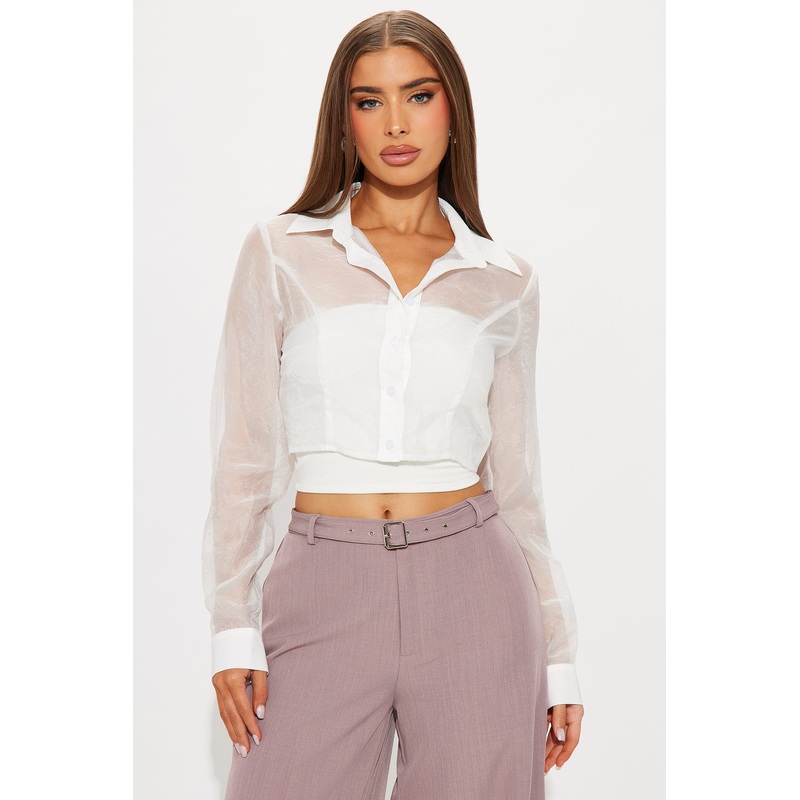 Tasha Cropped Organza Sheer Shirt – White