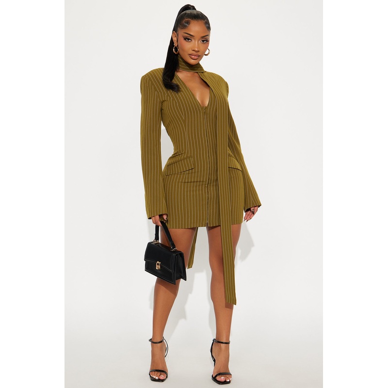 Aniyah Pinstripe Blazer Mini Dress – Olive/combo